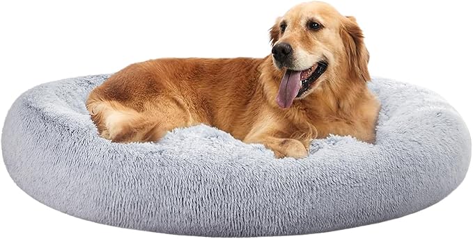Amazon Basics Donut Pet Bolster Faux Fur Bed for Dog, Grey, 45" x 45"