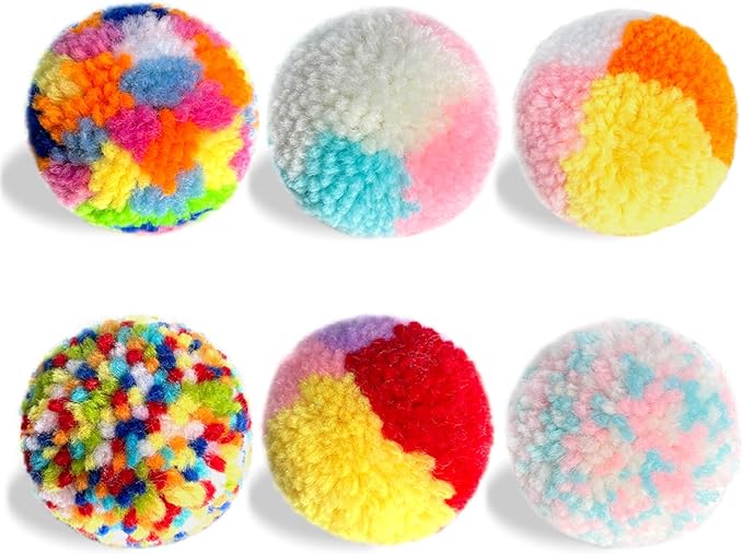 Assorted Color cat Toys for Indoor Cats, Woolen Yarn Puffs Pom Balls Interactive Kitten Chasing Toys Cat Chase Balls (6PCS)