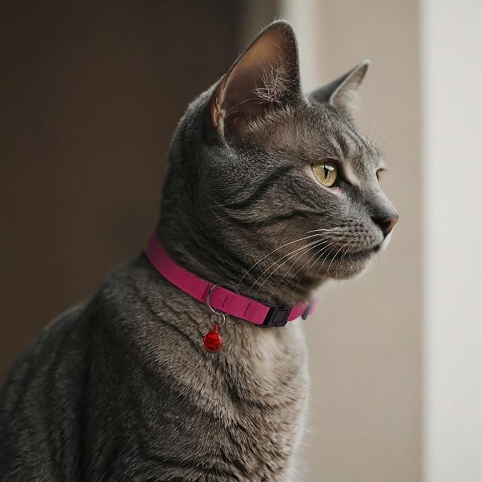Breakaway Cat Collar Leather with Removable Bell - 13 Colors Available - Soft Adjustable Girl Boy Safety Lightweight Pet Kitten Collars Pink Brown Blue Green Red Orange Black (Pink)