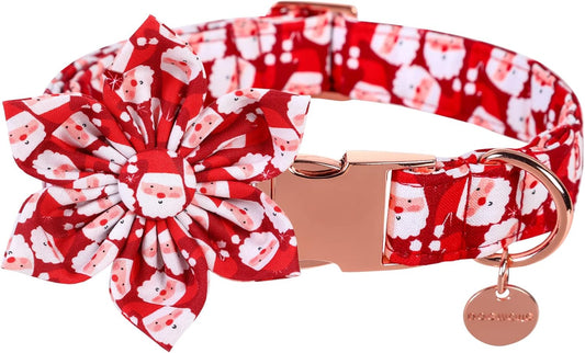 DOGWONG Christmas Dog Collar with Flower, Red Santa Claus Dog Collar Soft Durable Adjustable Cotton Puppy Collar for Small Medium Large Dog