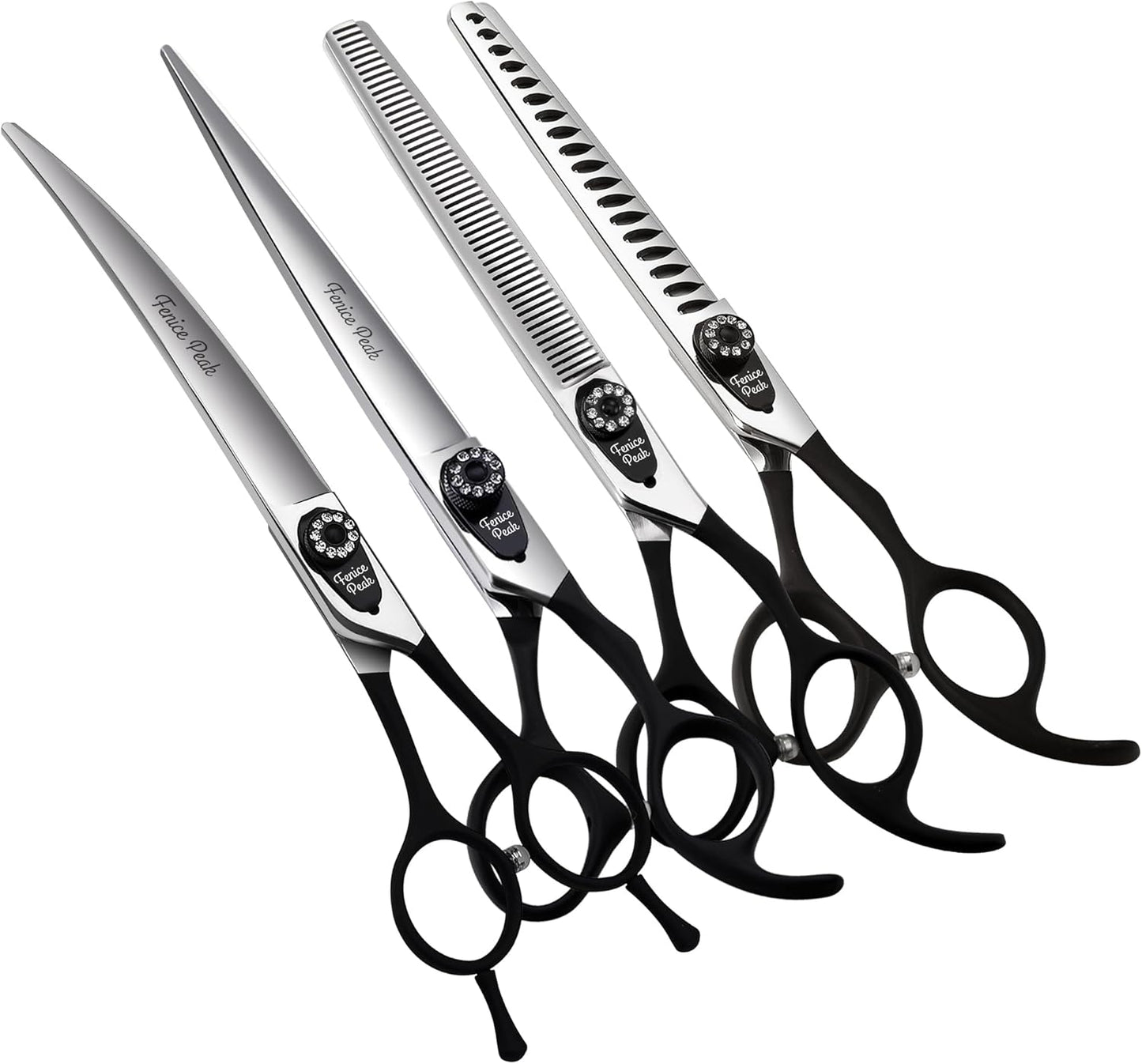 Fenice Peak 8.0'' Professional Dog Grooming Scissors Set with Black Non-Slip Handle 440C Stainless Steel Straight Thinning Curved Chunker Shears 4pcs Set for Pet Grooming Services