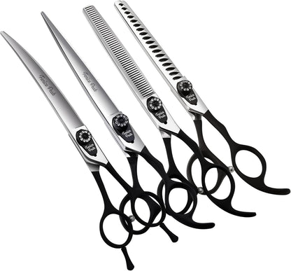 Fenice Peak 8.0'' Professional Dog Grooming Scissors Set with Black Non-Slip Handle 440C Stainless Steel Straight Thinning Curved Chunker Shears 4pcs Set for Pet Grooming Services