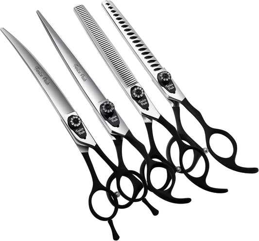 Fenice Peak 8.0'' Professional Dog Grooming Scissors Set with Black Non-Slip Handle 440C Stainless Steel Straight Thinning Curved Chunker Shears 4pcs Set for Pet Grooming Services