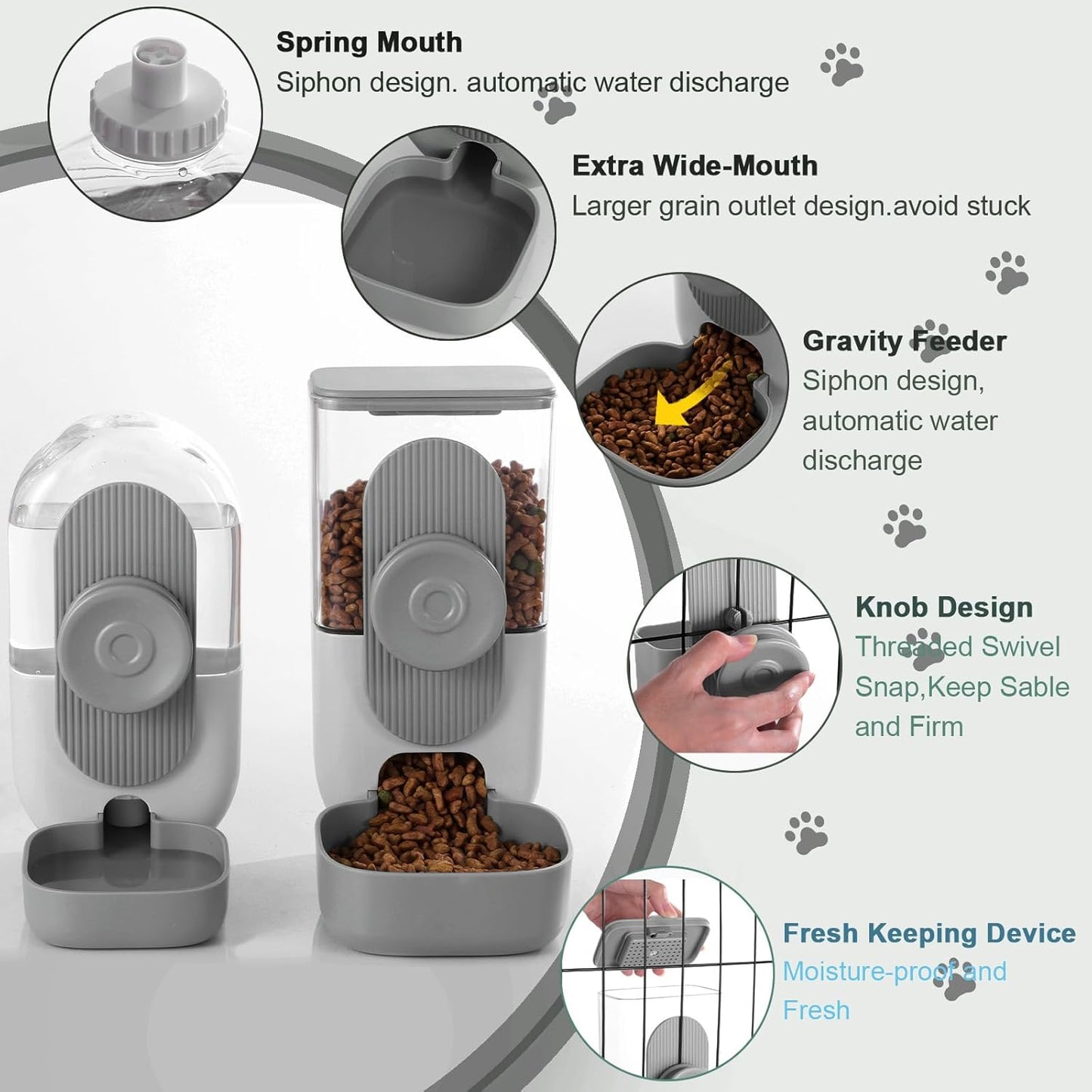 Hanging Automatic Rabbit Feeder for Cage,Dog Cat Food and Water Dispenser,Rabbit Water Bottle Guinea Pig Food Bowl Set,Gravity Feeder for Cats Dogs (Gray)