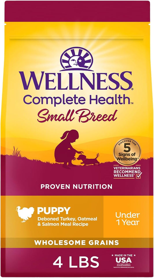 Wellness Complete Health Small Breed Dry Dog Food with Grains, Natural Ingredients, Made in USA with Real Turkey, For Dogs Up to 25 lbs. (Puppy, Turkey, Salmon & Oatmeal, 4-Pound Bag)