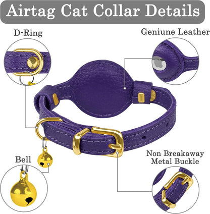 OOPSDOGGY Leather AirTag Cat Collar with Bell - Non Breakaway Kitten Collar with Apple Air Tag Holder - Lightweight GPS Pet Collars for Girl Boy Cats, Small Dogs, Puppies (Purple)