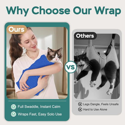 Self-Adhesive Cat Grooming Wrap, Cozy Cat Wrap for Cutting Nails, Breathable Anti-Scratch Cat Swaddle Bag for Brushing, Ear Cleaning, Dental Care, Medication, Injections, Blue S
