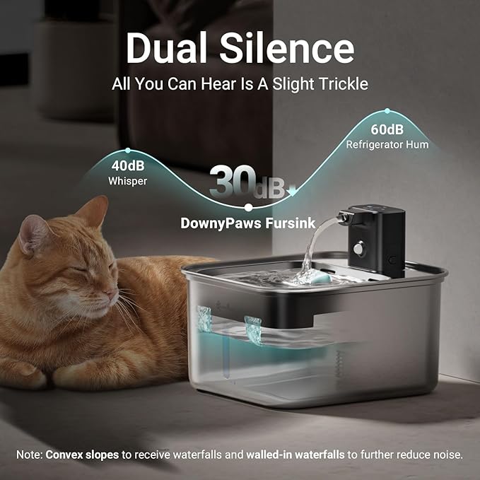 DownyPaws Cat Water Fountain Stainless Steel Wireless, 101 oz/3L FurSink Cordless Cat Water Dispenser for Pets, Battery Operated Dog Drinking Fountain with Motion Sensor, Metal with 6 Filters