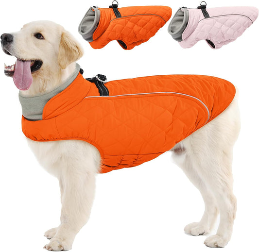 Dog Coat with Harness Built in -Orange,Medium- Fleece Lined Dog Snow Jacket Snowsuit，Adjustable Reflective Winter Warm Cold Weather Coat
