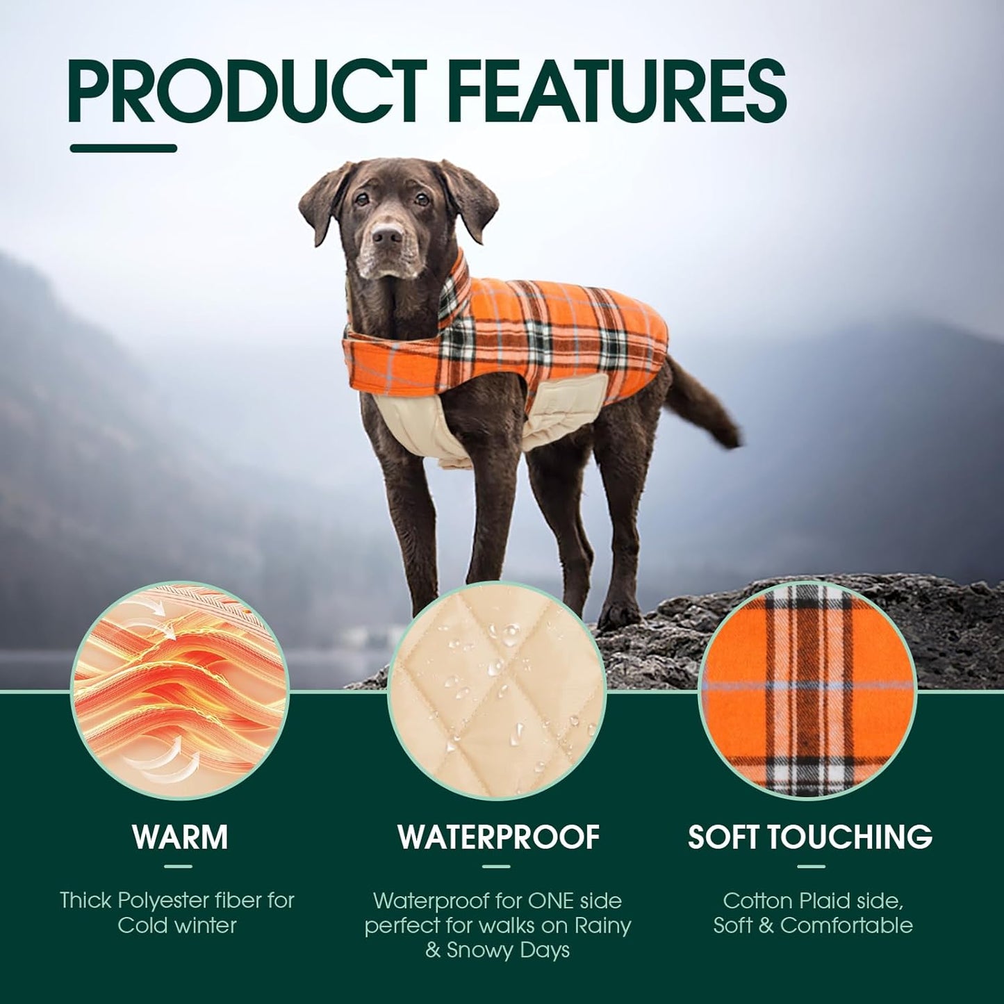 Kuoser Waterproof Dog Coat, Reversible Dog Jacket for Large Dogs, Adjustable Durable Doggie Winter Coat for Groowing Puppies Warm Puppy Cold Weather Apparel, Orange L