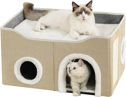 Large Cat Bed for Indoor Cats, Extra Wide Cat Cave House with Scratch Pad and Fluffy Ball, Foldable Cat Hideaway for Kitten Bed, Cat Condo for Cats (Khaki, X-Large)