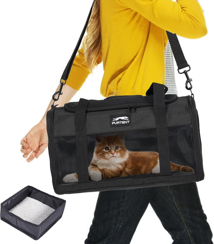 TSA Approved Pet Carrier in Cabin with Foldable Litter Box for Kittens and Small Dogs Fits Pets Up to 15 lbs, Animal Rabbit Puppy Soft Pet Carrier Portable Airline Approved, Travel for Comfort, Black