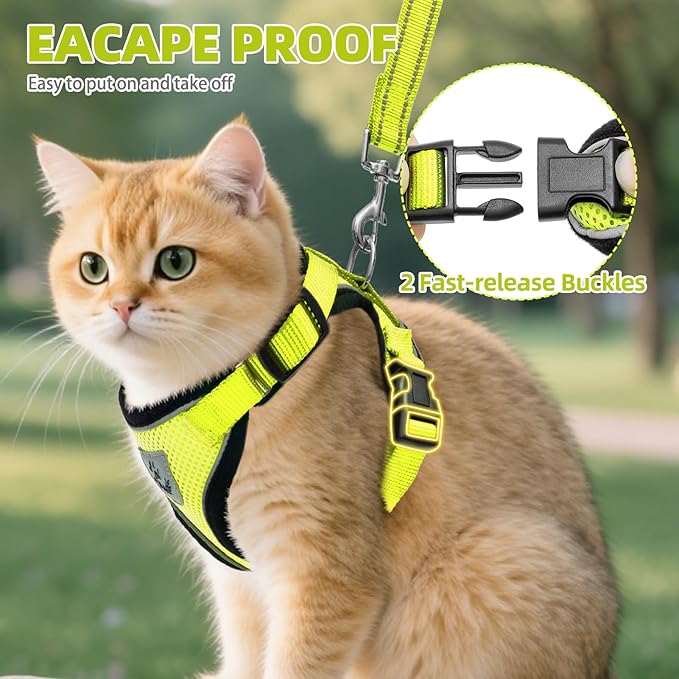 PUPTECK Cat Harness and Leash Set Escape Proof Reflective Cat Walking Harness Adjustable Soft Breathable Mesh Vest for Small Pets, Fluorescent Yellow, M