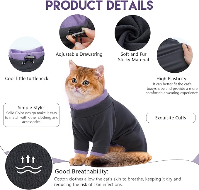 Sticky Cat Clothes Stretchy, Sphynx Hairless Sweater & Pajamas for Cats only, Soft Cat Onesie for Cats After Surgery Female Male & Hair Loss Prevention, Black S