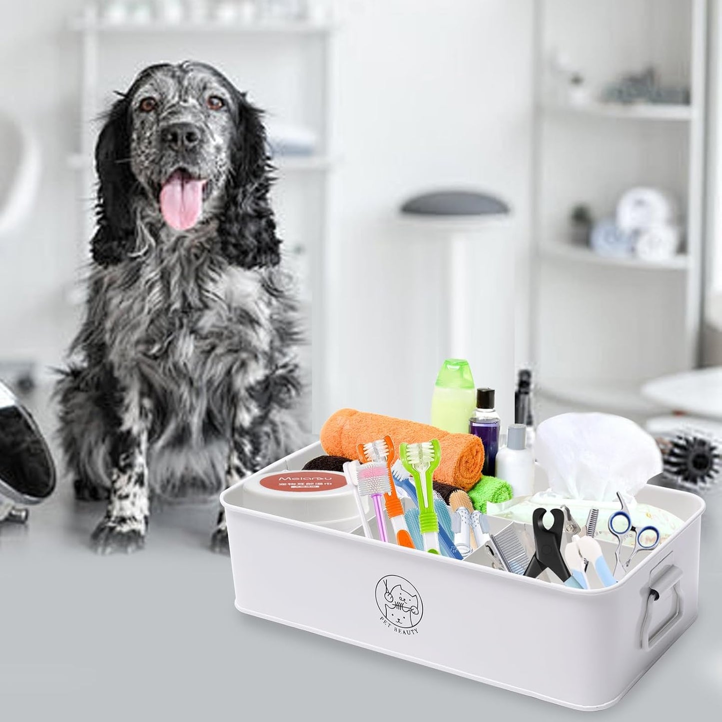 Premium 4-Compartment Dog Grooming Organizer,Metal Caddy for Pet Stuff with Handle-Powder Coated Storage Bin for Dog Cat Grooming Kit,Clippers,Brushes,Scissors & Supplies-White