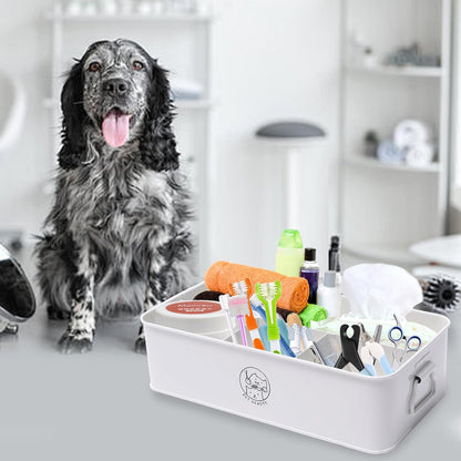Premium 4-Compartment Dog Grooming Organizer,Metal Caddy for Pet Stuff with Handle-Powder Coated Storage Bin for Dog Cat Grooming Kit,Clippers,Brushes,Scissors & Supplies-White