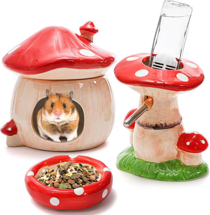 Hacaroa 3 Pack Ceramic Hamster Hideout, Mushroom Shape Guinea Pig Food Bowl Cute Water Bottle with Stand, Cool Hamster Bed House Small Animal Cage Accessories for Dwarf Hamsters, Mice, Gerbils