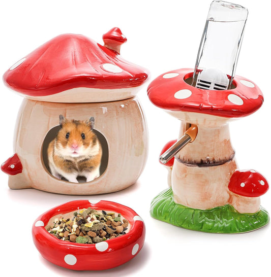 Hacaroa 3 Pack Ceramic Hamster Hideout, Mushroom Shape Guinea Pig Food Bowl Cute Water Bottle with Stand, Cool Hamster Bed House Small Animal Cage Accessories for Dwarf Hamsters, Mice, Gerbils