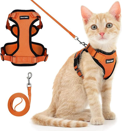Dooradar Cat Harness and Leash Set, Escape Proof Safe Adjustable Kitten Vest Harnesses for Walking, Easy Control Soft Breathable Mesh Jacket with Reflective Strips for Cats, Orange, XXS