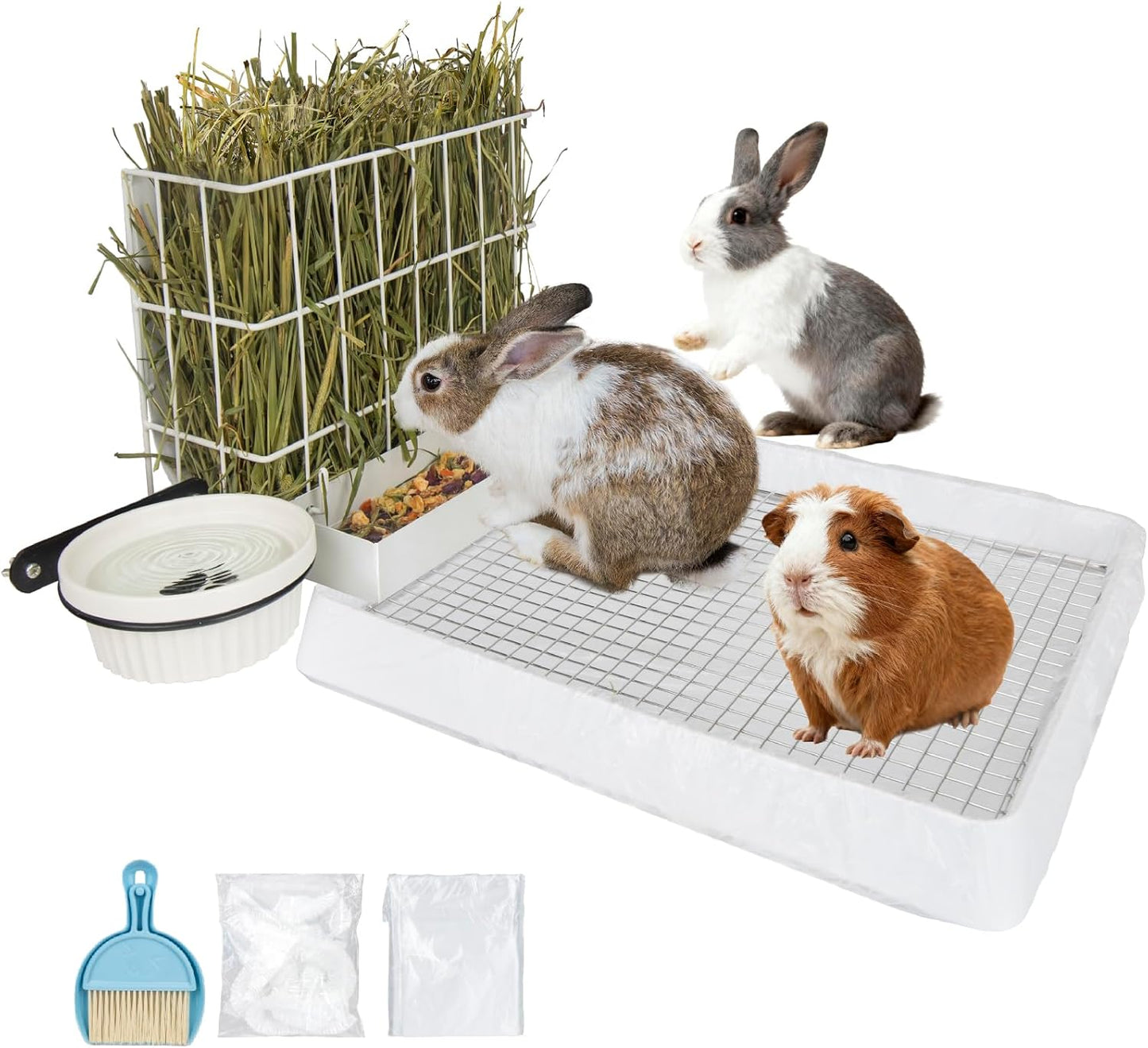 3 in 1 Rabbit Hay Feeder with Litter Box,Upgraded Metal Hay Rack & Litter Tray & Water Bowl,Quick Cleaning,Easy to Install,Bunny Supplies for Rabbit Guinea Pig Chinchilla Small Animals