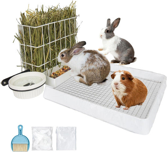 3 in 1 Rabbit Hay Feeder with Litter Box,Upgraded Metal Hay Rack & Litter Tray & Water Bowl,Quick Cleaning,Easy to Install,Bunny Supplies for Rabbit Guinea Pig Chinchilla Small Animals