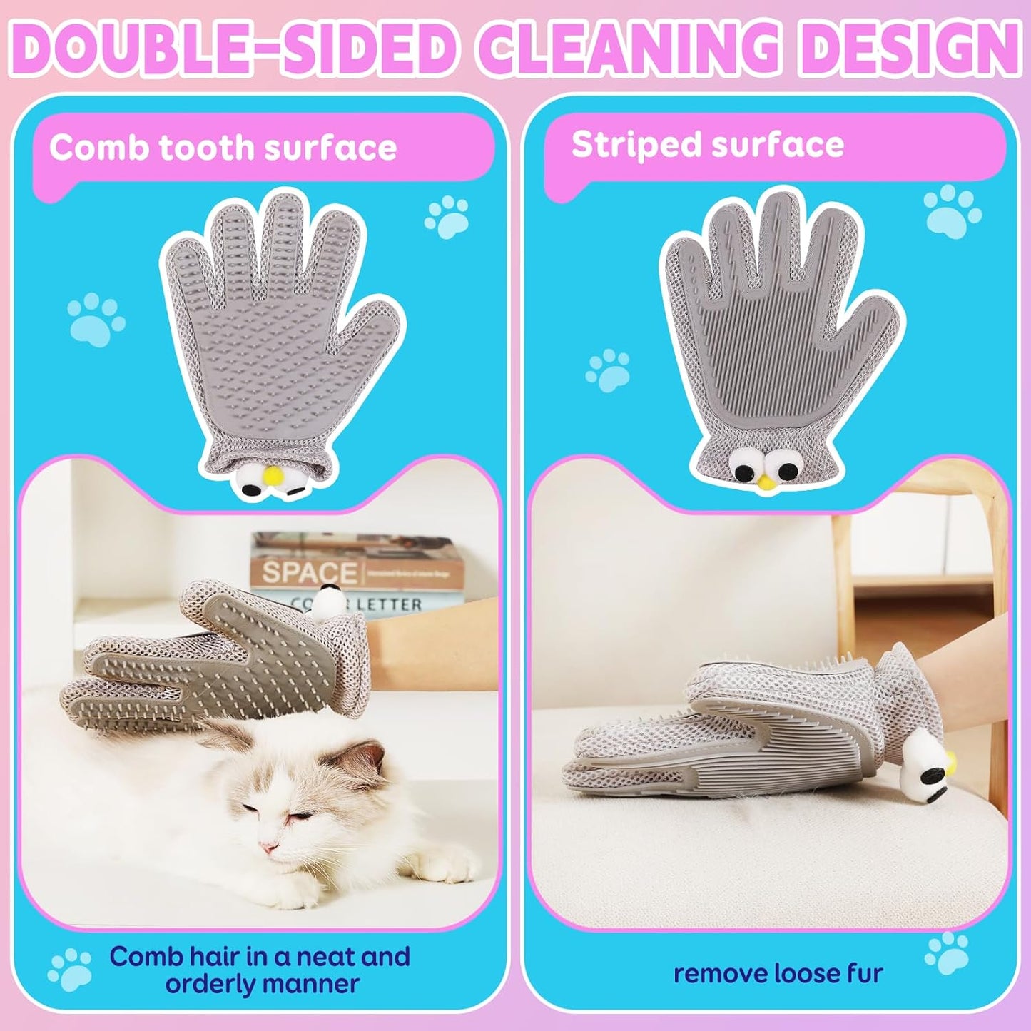 Pet Grooming Gloves Suitable for Long- and Short-Haired Dogs and Cats. Double-Sided, Two-in-One, Pet Hair Removal Gloves for Depilating and Massaging Cats and Dogs. Upgraded Five-Finger Design.