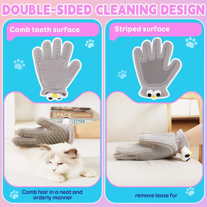 Pet Grooming Gloves Suitable for Long- and Short-Haired Dogs and Cats. Double-Sided, Two-in-One, Pet Hair Removal Gloves for Depilating and Massaging Cats and Dogs. Upgraded Five-Finger Design.