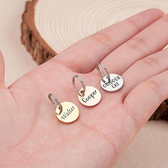 Anavia Small Size Dog Cat ID Tags, Small/XS Personalized Color Plated Stainless Steel Puppy Kitten Name Tags, Customized Engraved Nameplate Pet Collar Tag (Gold, XS-Round)