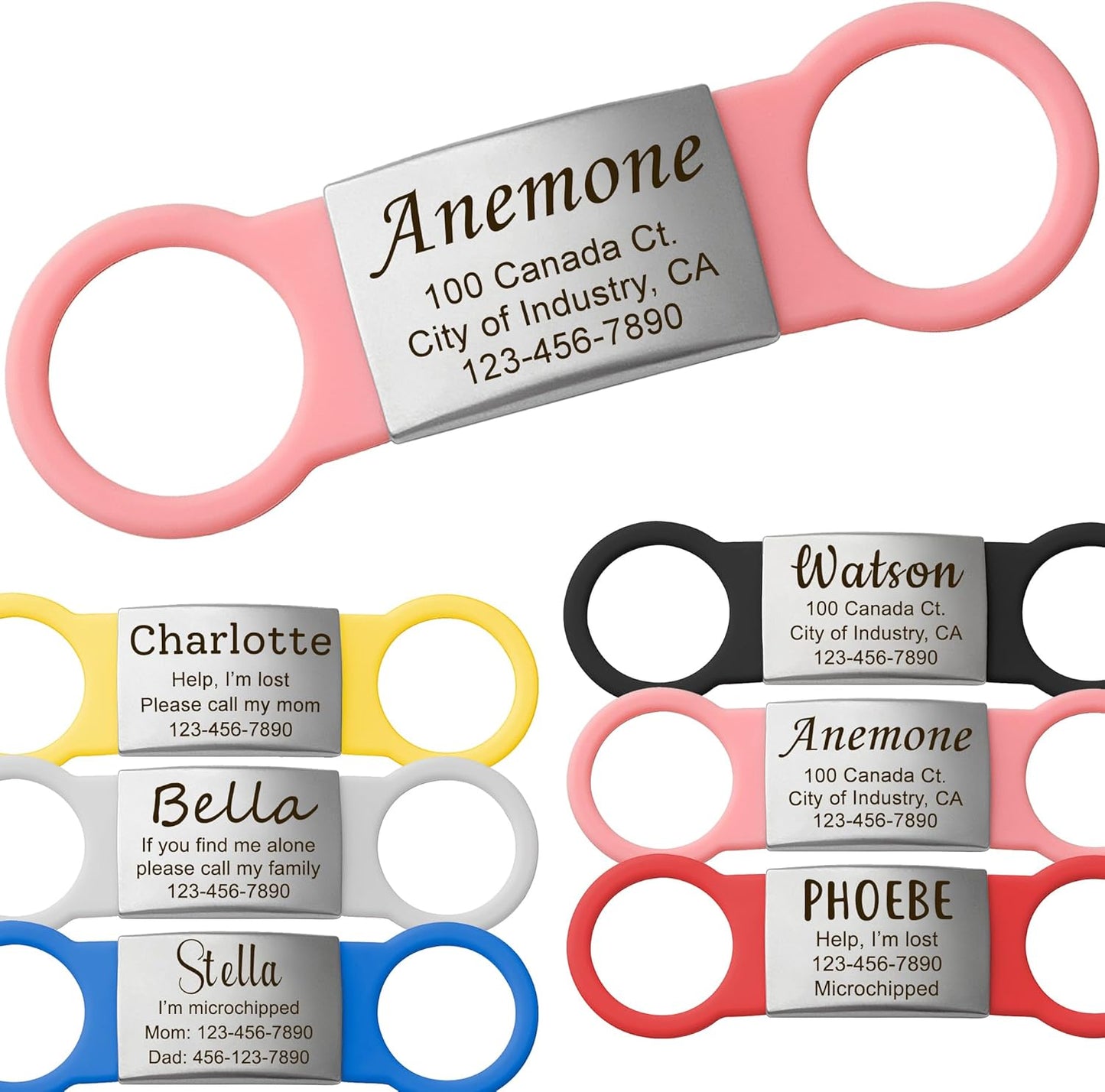 Anavia Slide On Silent Pet ID Tags, S/M/L/XL Personalized Multi-Color Silicone Band Cat Dog Name Tags, Customized Engraved Stainless Steel, Chew-Proof Quiet Dog Collar Tags (Small, Pink)