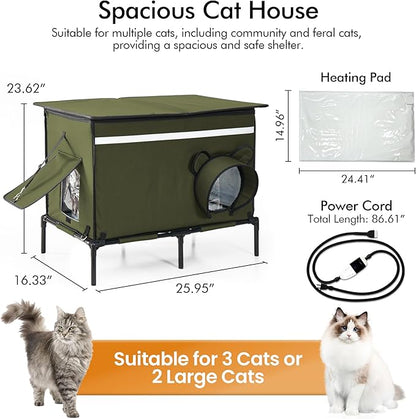 Heated Outdoor cat House for Outside, Weatherproof Insulated Feral Cat Shelter with Timer-Temp Control Heating Pad in Winter, Large Elevated Outdoor Cat House with Zipper, 2 Doors, Safety- Army Green
