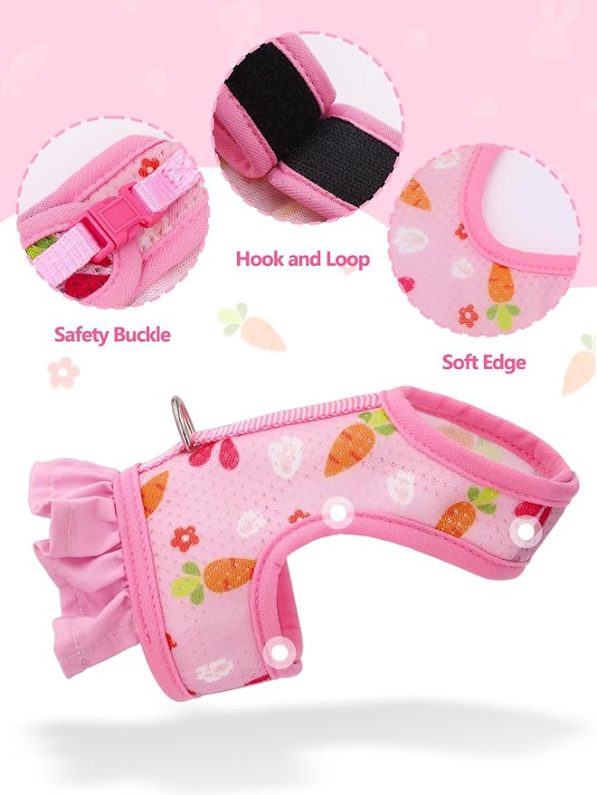 Bunny Harness and Leash,Proof Walking Escape Cute Floral Mesh Vest Breathable Rabbit Clothes for Bunnies, Hiking, Training for Ferret Kitten Puppy Small Rabbit Harness Pink L