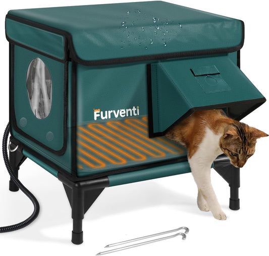 Outdoor Heated Cat House in Winter,Extremely Insulated & Weatherproof,Elevated Feral Cat Shelter with Waterproof Eaves & Escape Door for Outside Stray Barn Cat (Dark Green,S)