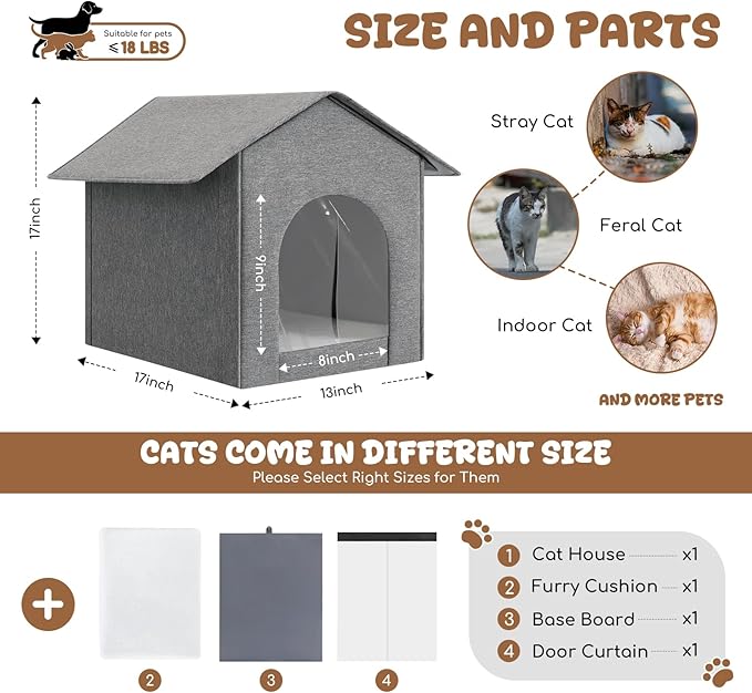 Outdoor Cat House Weatherproof, Insulated Cat Houses for Outdoor/Indoor Cats for Winter, Waterproof Feral Stray Cat Shelter with Warm Cushion and Door Curtain, Easy to Assemble, Grey