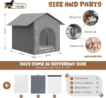 Outdoor Cat House Weatherproof, Insulated Cat Houses for Outdoor/Indoor Cats for Winter, Waterproof Feral Stray Cat Shelter with Warm Cushion and Door Curtain, Easy to Assemble, Grey