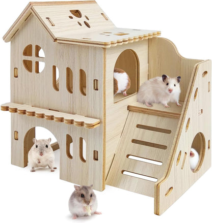 Hamster Hideout with Wooden House, Fun Slide, Double-Decker Hut & Maze - for Dwarf Hamsters, Gerbils, Mice, Small Animals