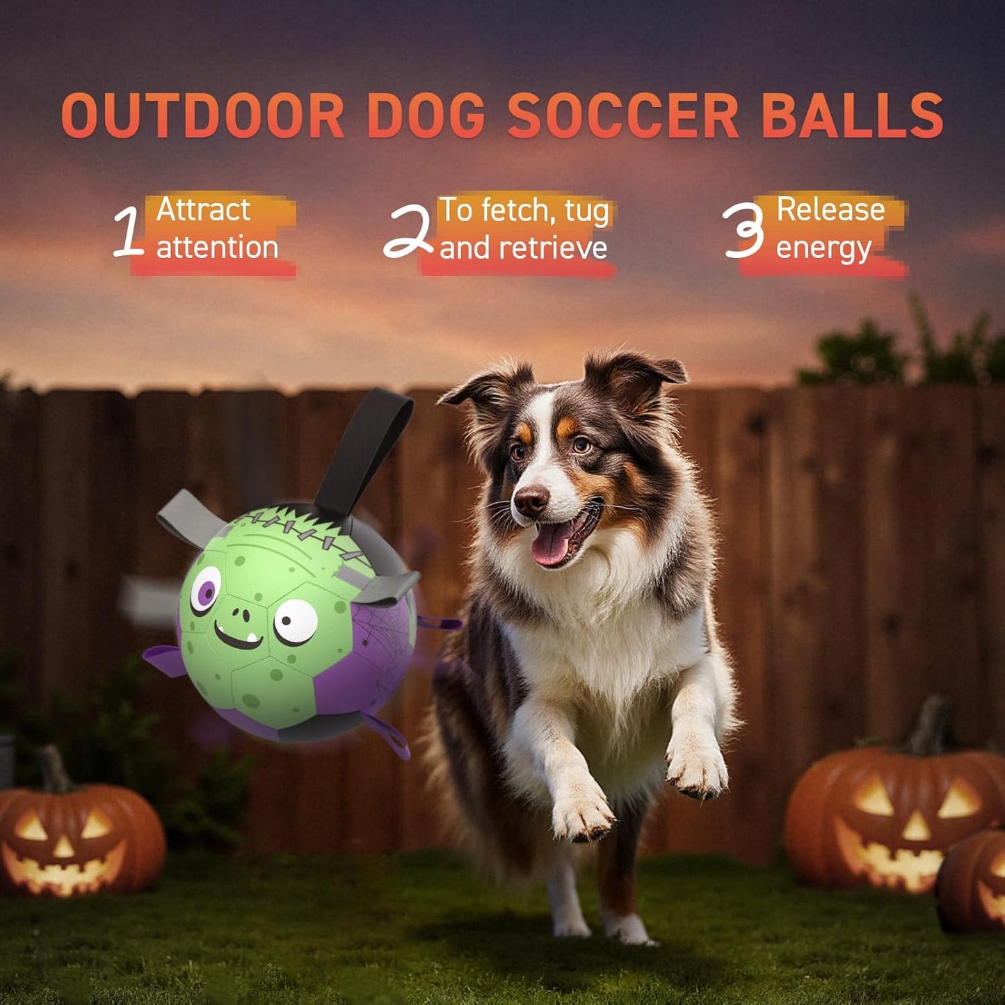 QDAN Dog Toys Ball: Dog Soccer Balls with Straps- Outdoor Herding Balls Toys for Small Medium Dogs- Halloween Puppy Pet Birthday Gifts- 6 Inch Purple Green