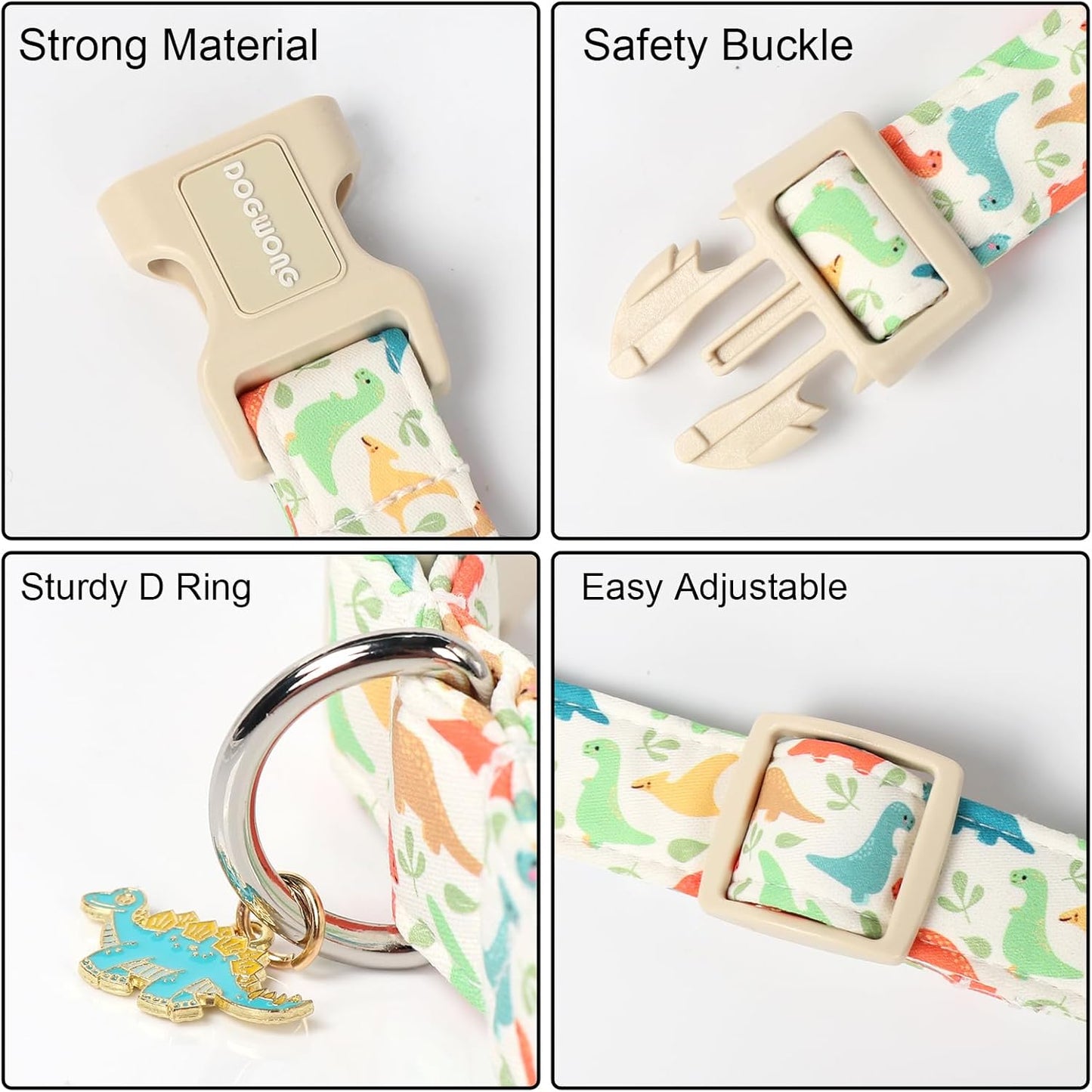 DOGWONG Dinosaur Cotton Dog Collar, Summer Cute Dog Collar Durable Soft Fabric Male Pet Dog Collars Boy Puppy Necklace for Small Medium Large Dogs