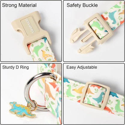 DOGWONG Dinosaur Cotton Dog Collar, Summer Cute Dog Collar Durable Soft Fabric Male Pet Dog Collars Boy Puppy Necklace for Small Medium Large Dogs