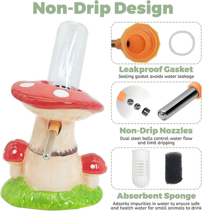 PINVNBY Mushroom Ceramic Hamster Water Bottle 80ML Automatic Gerbil Water Bottle Non Drip with Stand Vertical Hamster Water Dispenser for Guinea Pigs Gerbils Rats Rabbits and Mice (Red)