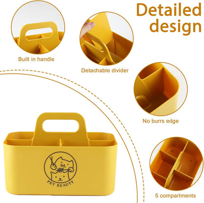 Dog Storage Organizer for Grooming Supplies,Portable Caddy Organizer for Pet Stuff,Divided Storage Bin for Dog Cat Grooming Kit,Dog Stuff Organizer with Handle for Shampoo,Clipper,Comb-Yeloow