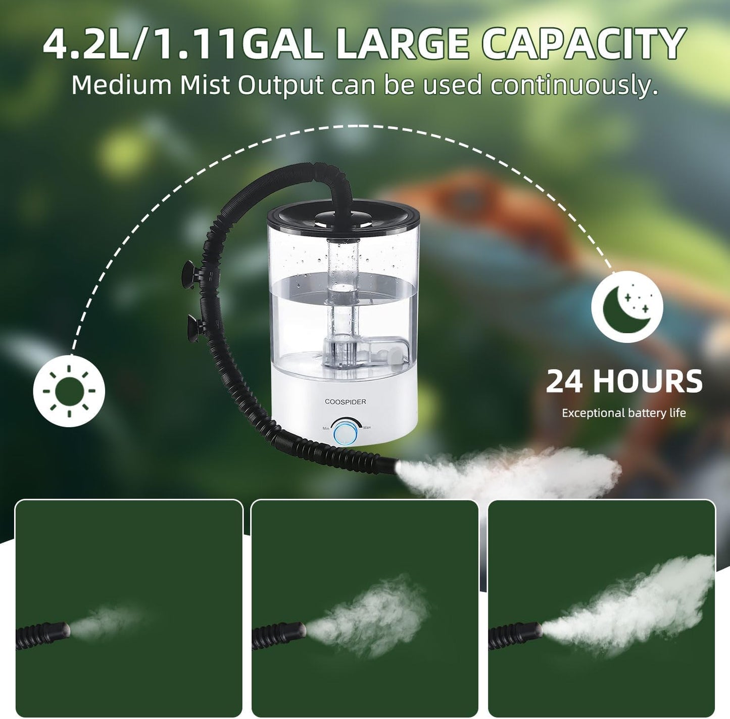 Coospider 4.2L Top Fill Reptile Humidifier, Fogger Mister for Reptiles Tank, Terrariums Humidifiers with Extended Hose/Tube, Automatic Reptile Misting System for Reptiles Amphibians Herps Vivarium