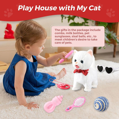 White Leash Walking Cat Set Toy Interactive Talking Cat Singing Dancing Kitten Mimicking Repeat What You Say Kitty Touch and Voice Control Nodding Wagging Tail Plush Electric Robot for Kid Girl