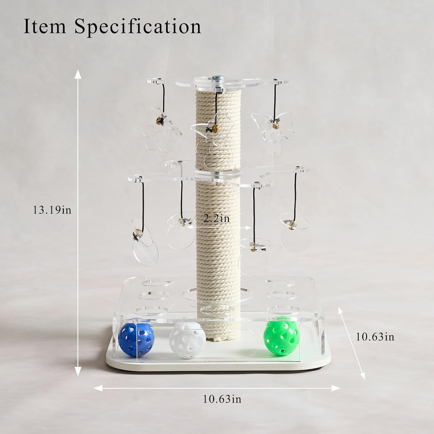 Modern 3-in-1 Interactive Cat Toy with Scratching Post, Cat Puzzle Toys for Indoor Cats with Colorful Jingle Balls, 2-Layer Spinning Teaser Disc with Dangling Toys, Acrylic, White