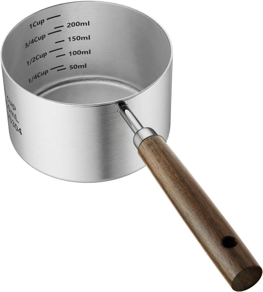Dog-Cat Food Scoop 1 Cup, 304 Stainless Steel Measuring Cup with Long Wooden Handle, Pet Food Scoop for Rabbit, Easy to Clean Precise Scale