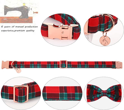 DOGWONG Christmas Dog Collar with Bow tie, Red Plaid Dog Collar Soft Durable Adjustable Cotton Red Green Tartan Puppy Collar for Small Medium Large Dog