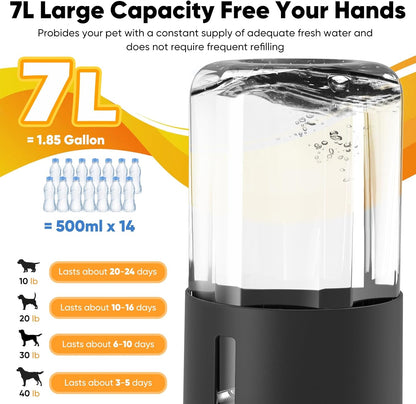 7L Automatic Dog Water Dispenser Bowl, Gravity Pet Water Dispenser with Stainless Steel Bowl, No Spilling Large Capacity Water Feeder for Dogs Cats (7L Without Filter Black)
