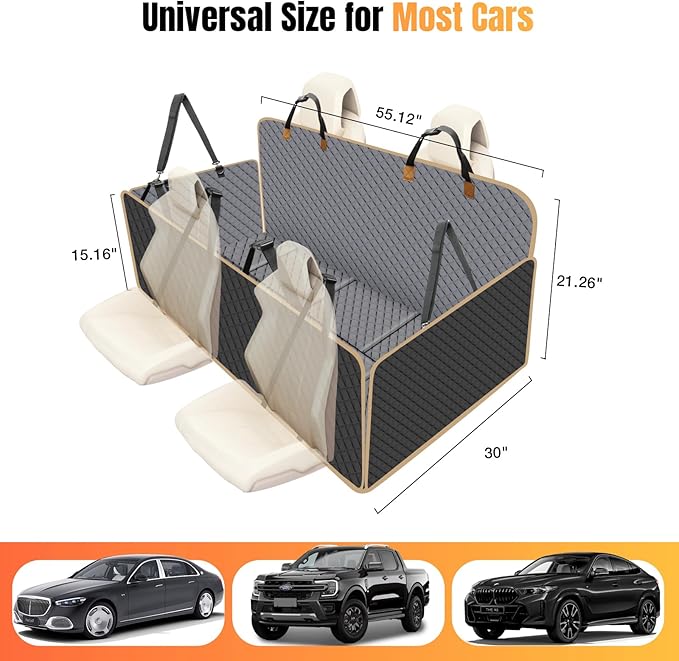 Dog Car Seat Cover for Back Seat, Dog Car Bed Cover with Strong Hard Bottom, Back Seat Extender Hammock for Cars SUV Truck 4 Panels Gray Color Large Size