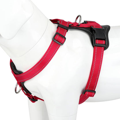 Plutus Pet Adjustable No Pull Dog Harness with Leather Accents, Heavy Duty Reflective Nylon Vest for Training, Hiking, Easy Walk Harness for Small, Medium, Large Dogs (Red, L)