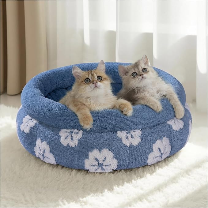 BALANCE Cat Beds for Indoor Cats, Washable Round Cat Bed, Cute 3D Flower Kitten Bed with Anti-Slip Bottom for Puppy and Kitten, 20 Inches, Blue