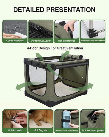 24 Inch Collapsible Travel Dog Crate for Medium Large Dogs, Portable Dog Crate 4-Door Foldable Soft Kennel with Durable Mesh Windows for Indoor & Outdoor Travel, with Storage Bag,Green